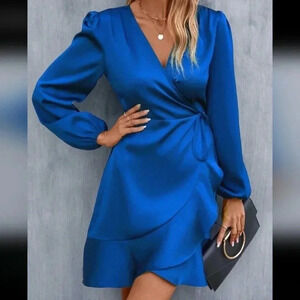 Lantern Sleeve Knot Side RuffleTrim Wrap Satin Dress